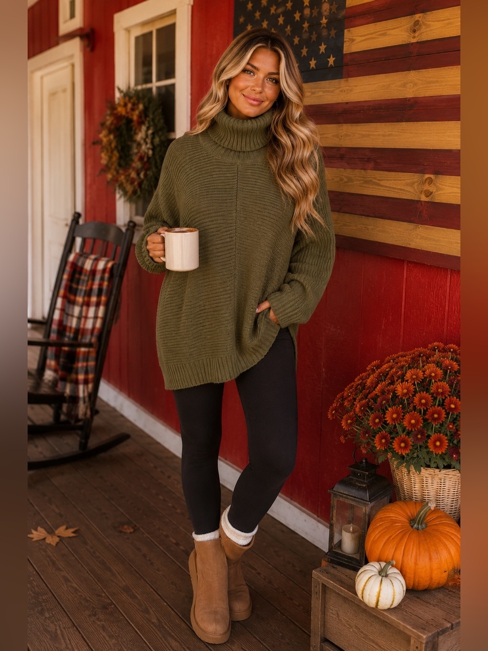 Army Green Oversized Ribbed Turtleneck Sweater – Cozy Knit Tunic – Small